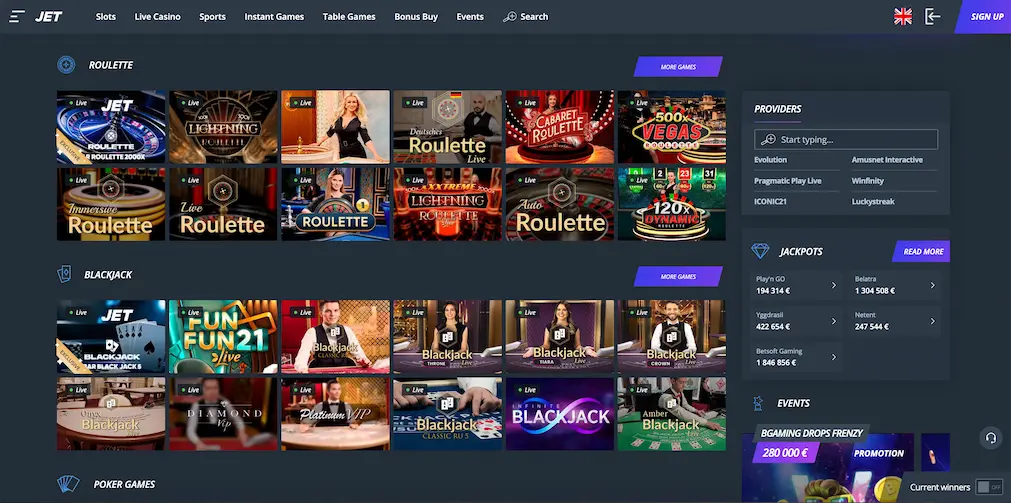 Jet Casino game selection.