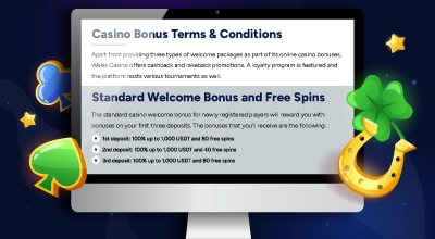 A computer displays a Casino Bonus Terms & Conditions page surrounded by casino-related icons.