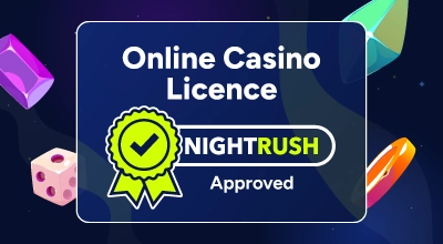 A blue sign with rounded corners reads Online Casino Licence and features a ribbon with a checkmark and NIGHTRUSH Approved texts.