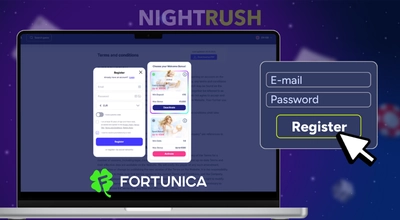 NightRush registration screen with email, password and register button