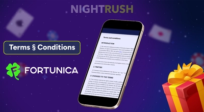 NightRush terms and conditions page on phone with Fortunica logo