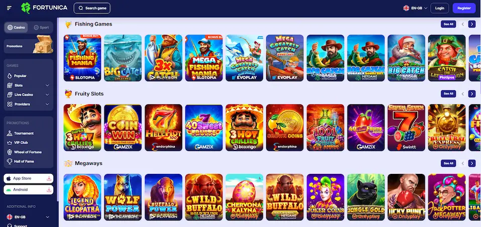 Image displaying Fortunica Casino's game selection screen.