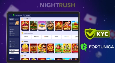 NightRush casino dashboard with games and Fortunica KYC badge