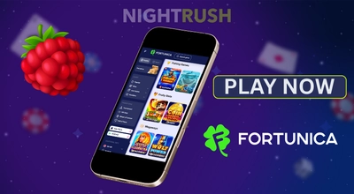 Fortunica casino displayed on a mobile phone, play now and Nightrush texts next to it.