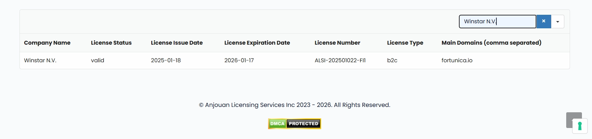 Image showing Fortunica Casino's license informations.