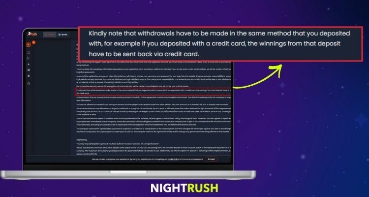 A laptop screen displaying the Forza.Bet Terms and Conditions page with a red box highlighting the rule that withdrawals must be made using the same method used for the deposit.
