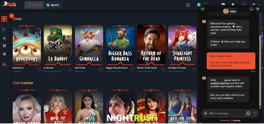 Live chat test at Forza.Bet Casino showing a 5-minute response lag and a generic redirection to email support regarding bonus terms.