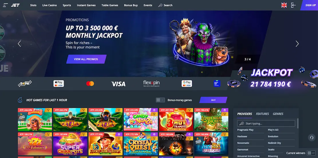 Jet Casino homepage.