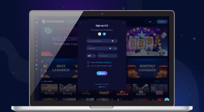 CRYPTORUSH website on a laptop with a signup form against a dark blue, starry background.