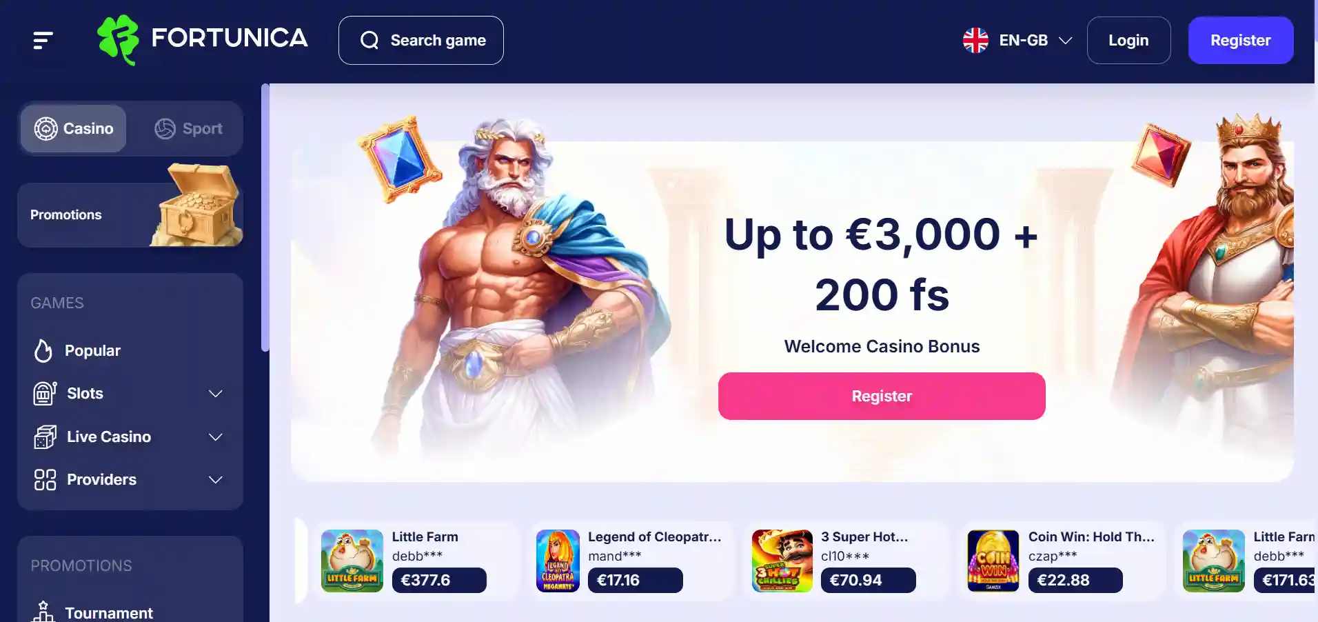 The image shows Fortunica Casino's main page with welcome offer details and menu options on a dark blue background.