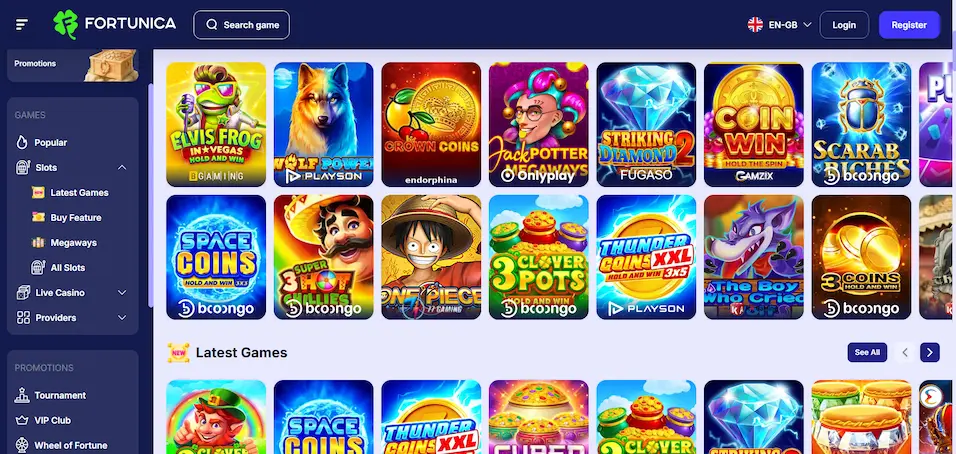 The image shows Fortunica Casino's game page with selected games such as Elvis Frog in Vegas, Wolf Power and Crown Coins.
