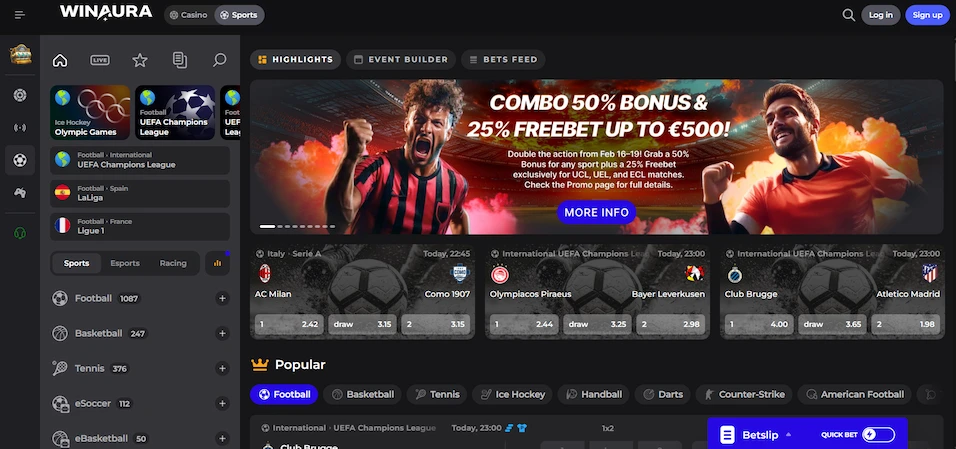 Image of winaura casino sports betting section.