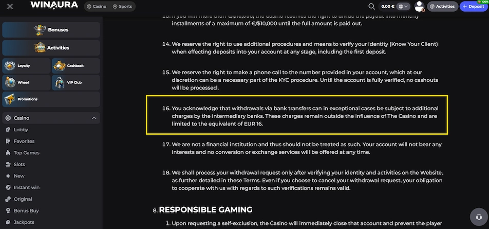 Winaura casino terms page.
