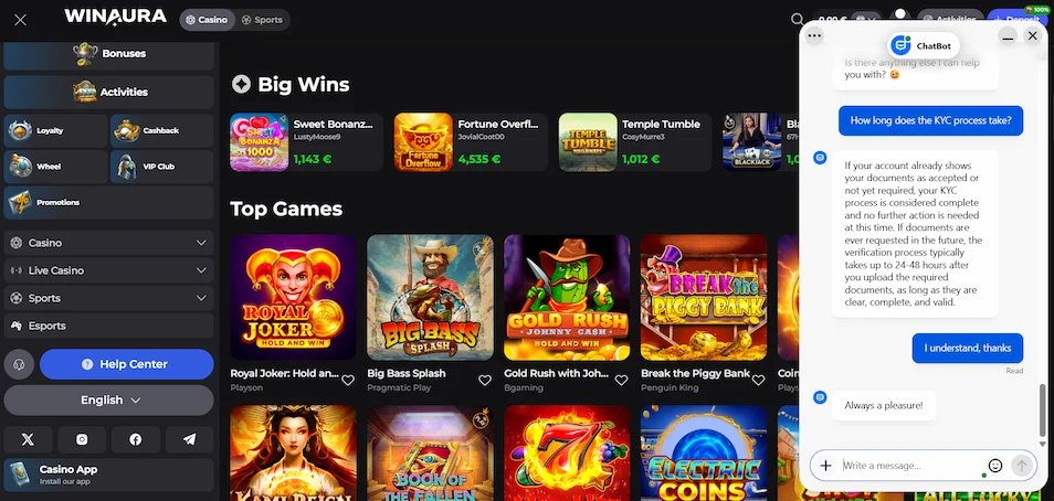 Image displaying Winaura casino live chat.