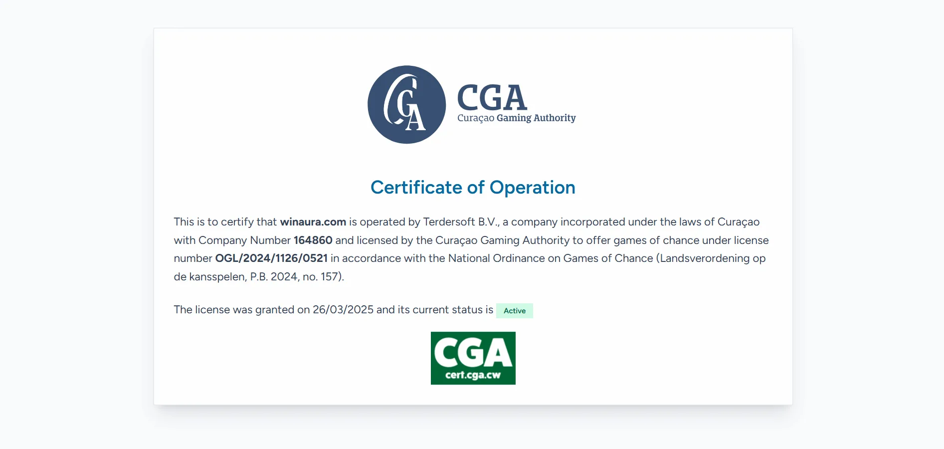 Image showcasing Winaura Casino licence.