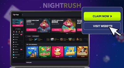 Laptop showing Tip-top website with CLAIM NOW and VISIT WEBSITE buttons.