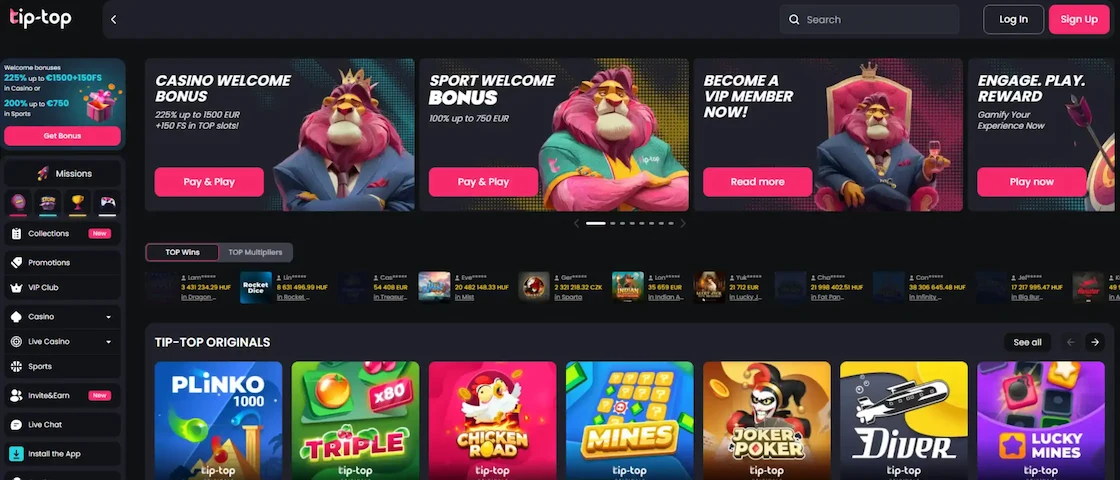 Tip Top Casino homepage.
