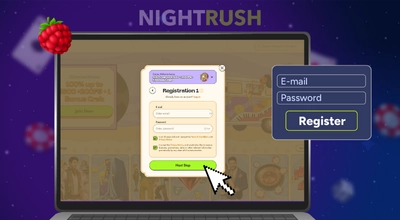 A laptop showing Vinyl casino website with a pop-up registration form.