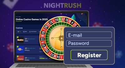 Casino registration screen with a roulette wheel and a laptop showing.
