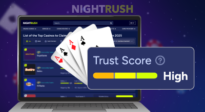 Online casino review page showing a high trust score rating.