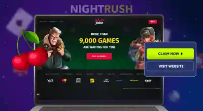 A laptop is showing Jettbet Casino’s homepage, a claim now and visit website button, and a cherry symbol, all against a starry blue background.