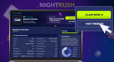 Nightrush's SpinAura page, claim now and visit website button and cursor against a starry setting.