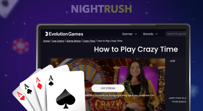 Live casino game tutorial page with poker cards.