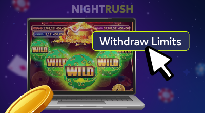 Slot game screen showing wild symbols and withdrawal limits button.