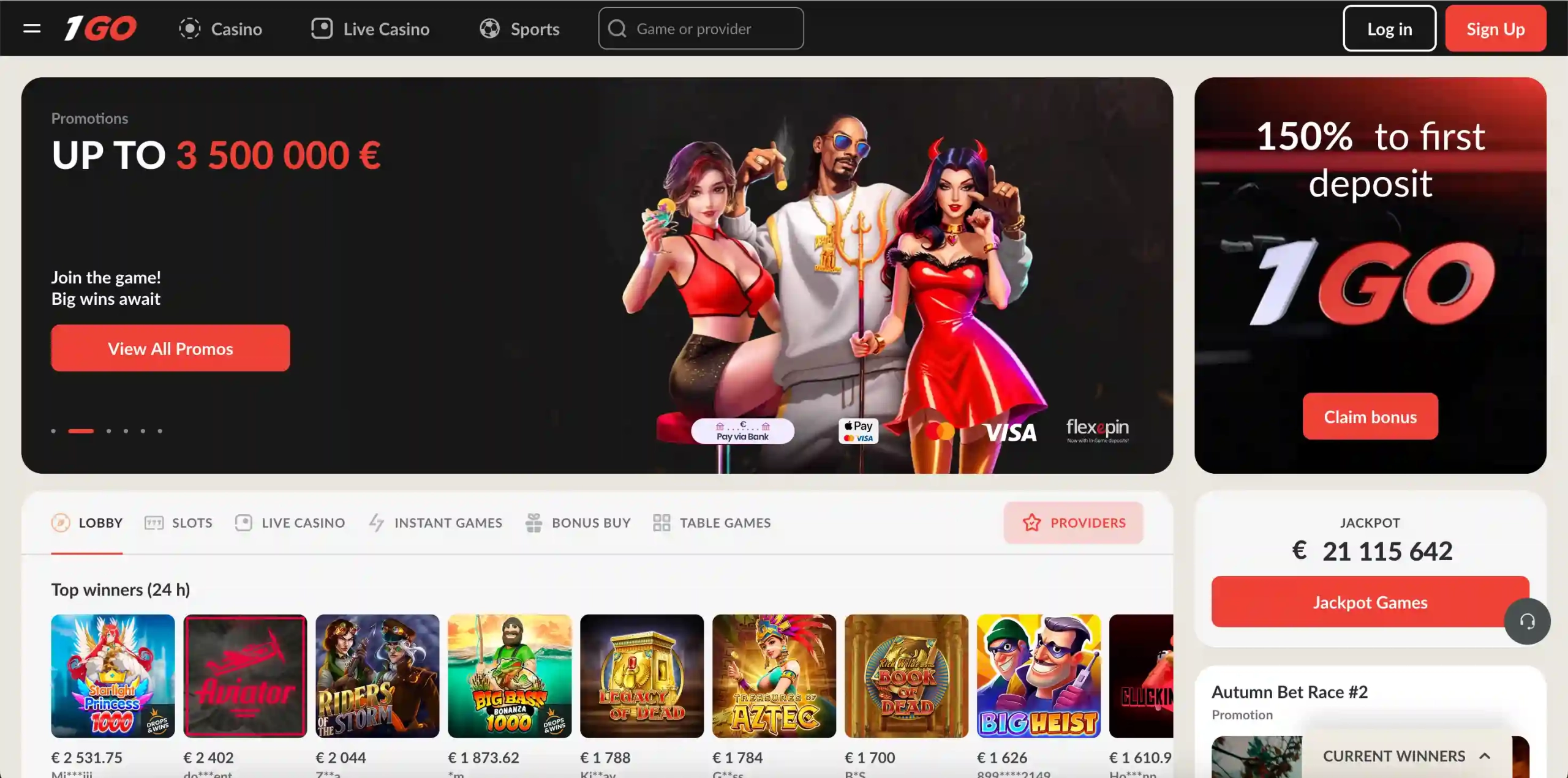 1Go Casino homepage.