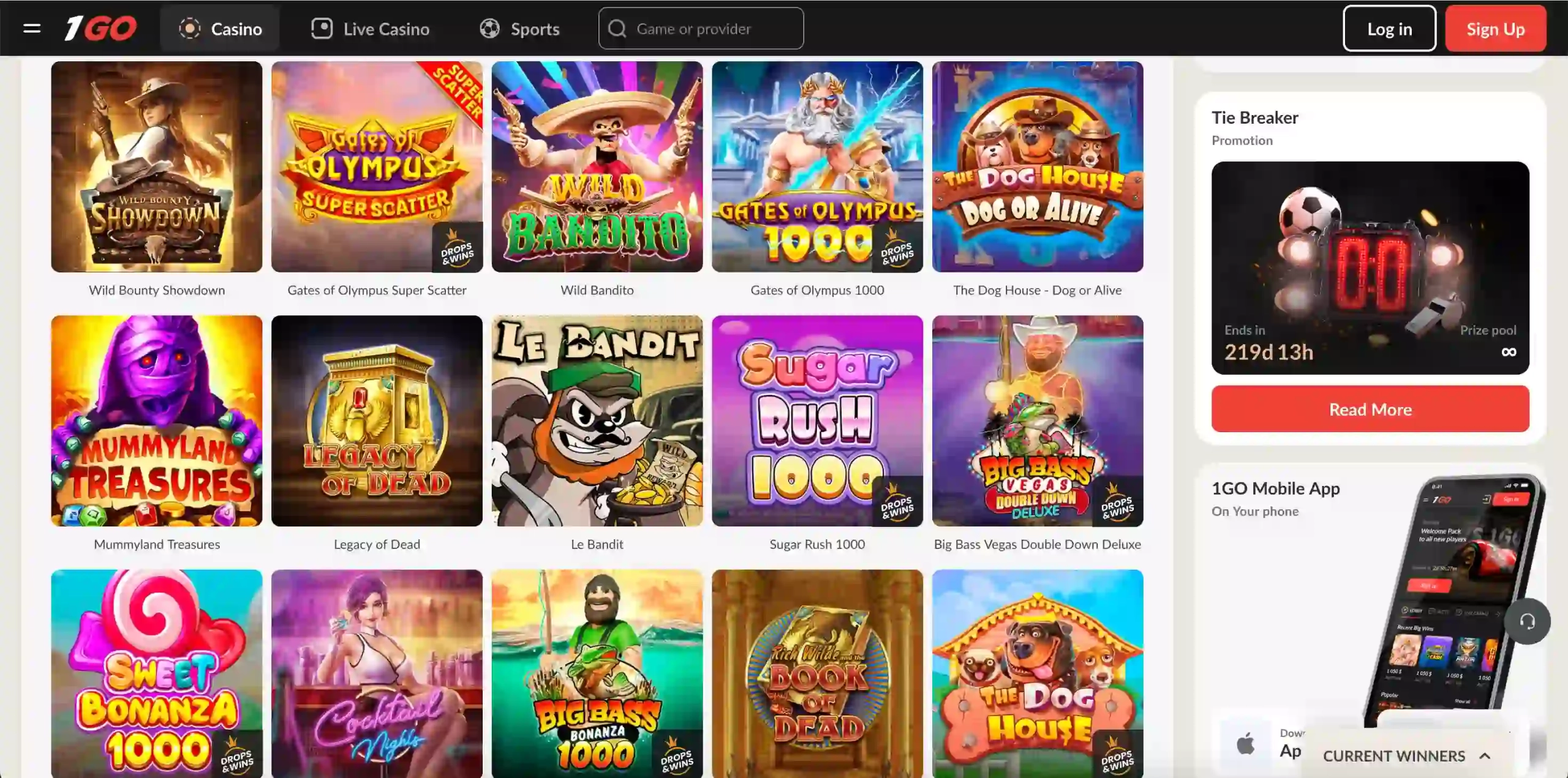 1Go Casino game selection.