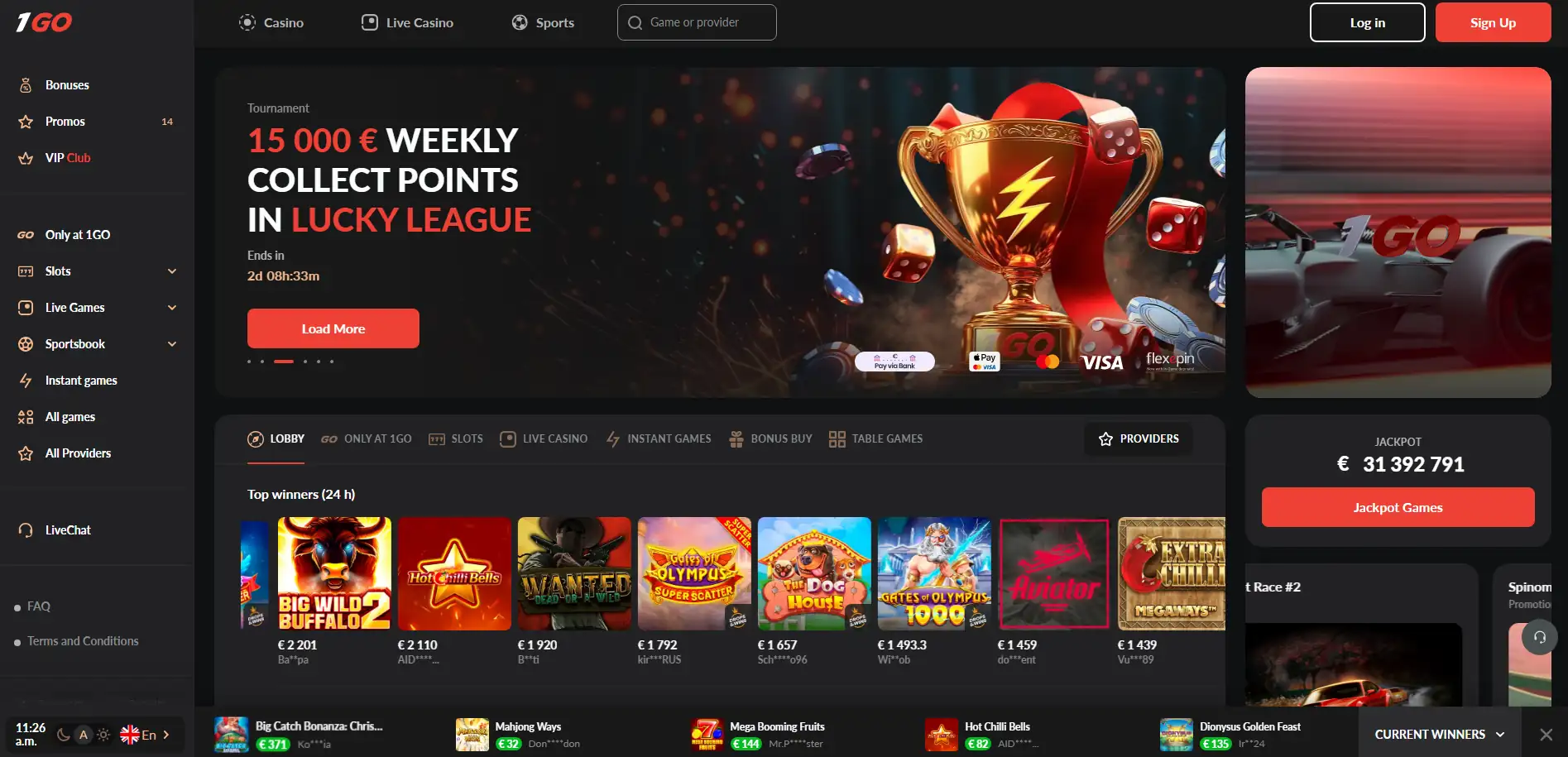 1Go Casino homepage screen