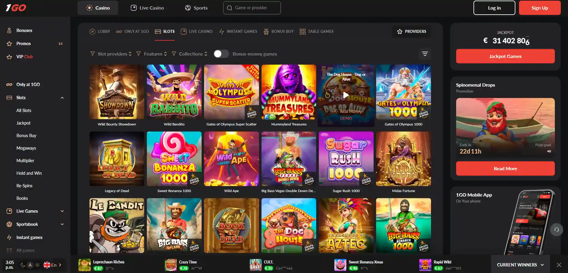 1Go Casino slot games page