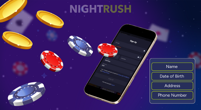 A phone with SpinAura's sign-up page, personal details, and casino coins against a starry setting.