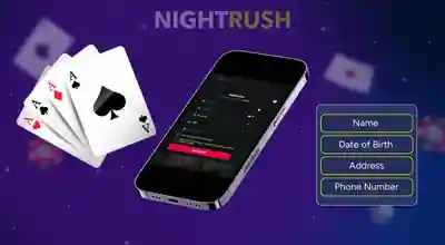 A smartphone is showing Jettbet Casino’s sign-up page, personal details button and four playing cards, all against a starry blue background.