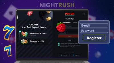 A laptop is showing Pin-Up Casino with a register button and two sevens on a blue background.