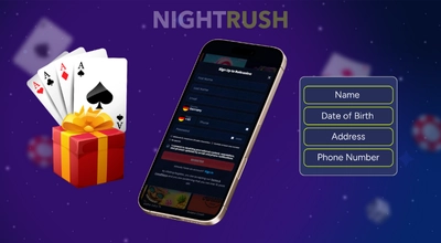 A phone is showing RollCasino, playing cards, a gift box and registration details next to it.