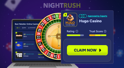 Casino rating panel with roulette wheel and claim offer button.