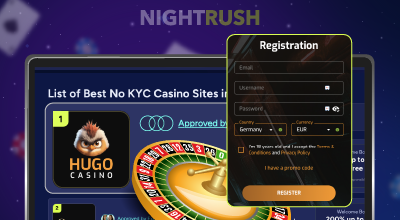 No-KYC casino list page with registration form displayed.