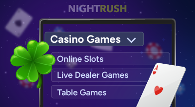 Casino game menu showing slots, live dealer, and table options.