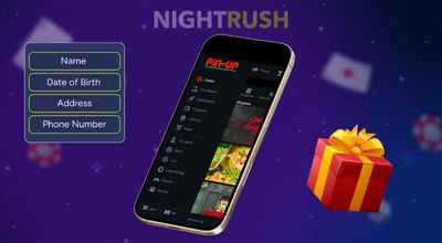 A phone is showing Pin-Up Casino, a gift box and a personal details button on a blue background.