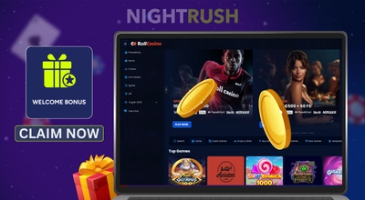 A laptop is showing RollCasino, a claim now and welcome bonus button with two golds and a gift box.