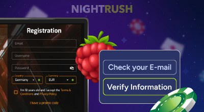 Casino registration form with email verification button.