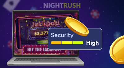 Slot jackpot screen with a high security rating indicator.