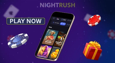 A phone with SpinAura's games, play now button, and casino items against a starry setting.