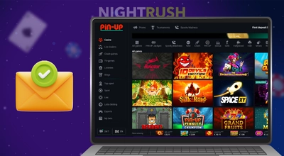 A laptop is showing Pin-Up Casino’s games, with an email verification on a blue background.