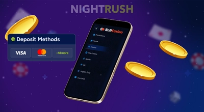A phone is showing RollCasino, the deposit method button, and three gold chips next to it.