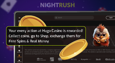 Casino rewards message promoting coins, free spins, and cash bonuses.