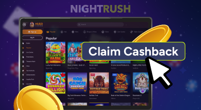 Online casino lobby showing games and cashback claim button.