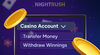 Casino account menu showing transfer and withdrawal options.