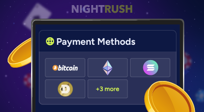 Crypto payment options panel showing Bitcoin, Ethereum, and Solana.